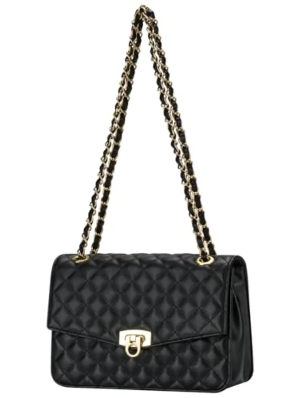 Quilted Vegan Leather Crossbody Bag with Chain Strap, Small Shoulder Purse